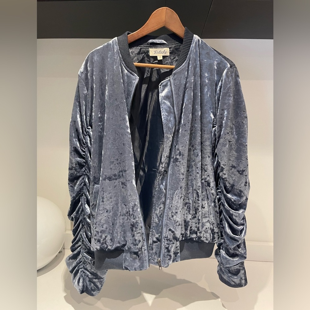$149 Listicle crushed icy blue Velvet Cardigan zipper jacket shirred sleeves L